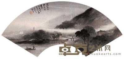 吴石僊 1901年作 江村雨意 扇面 19.5×56cm
